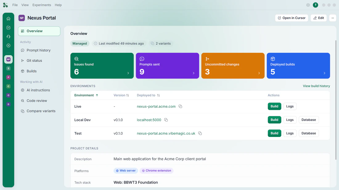 VibeMagic project overview dashboard